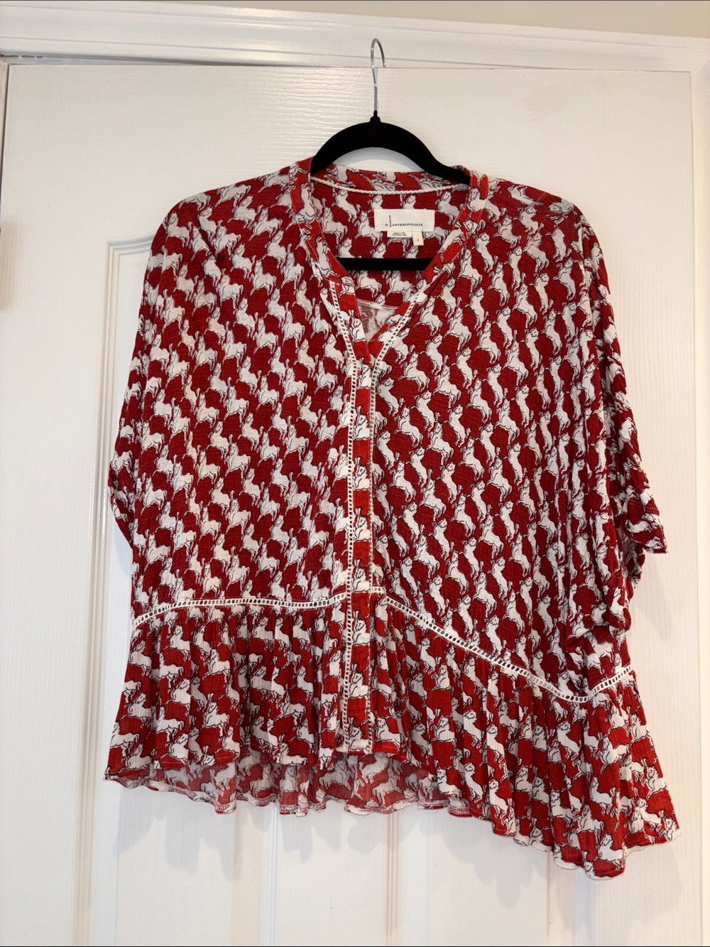 Anthropologie Rust and Cream Printed Button-Front Blouse
